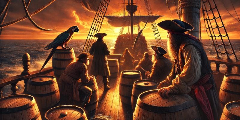 Pirates sur un bateau au soleil couchant