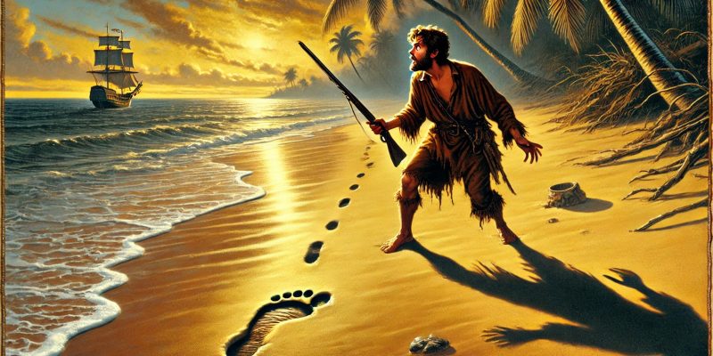 Naufragé sur une plage, au sol une empreinte humaine au loin un voilier